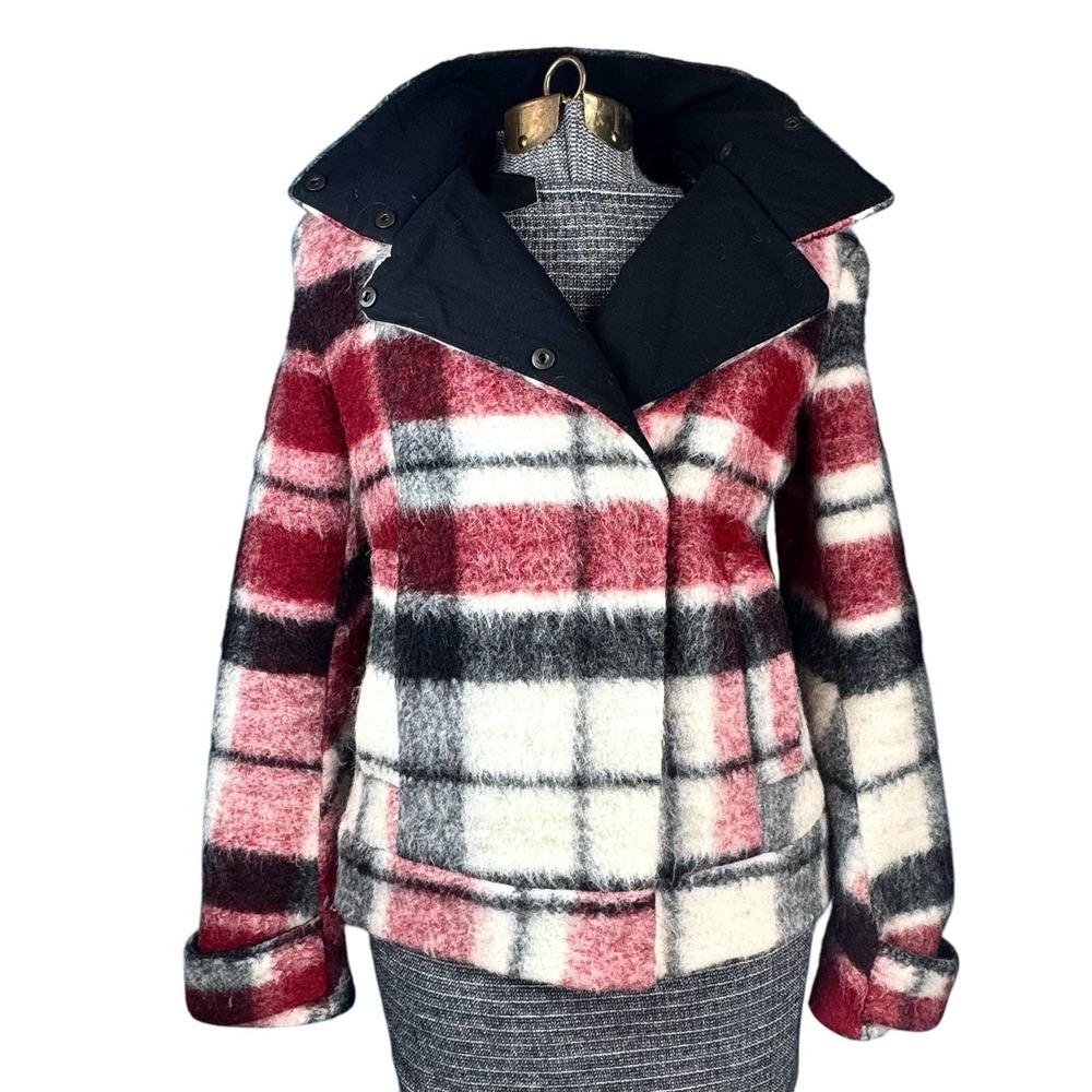 Zara Wool Mohair Jacket Maroon/Black/White Plaid‎ Asymmetric Snap Close Womens S - Picture 2 of 12